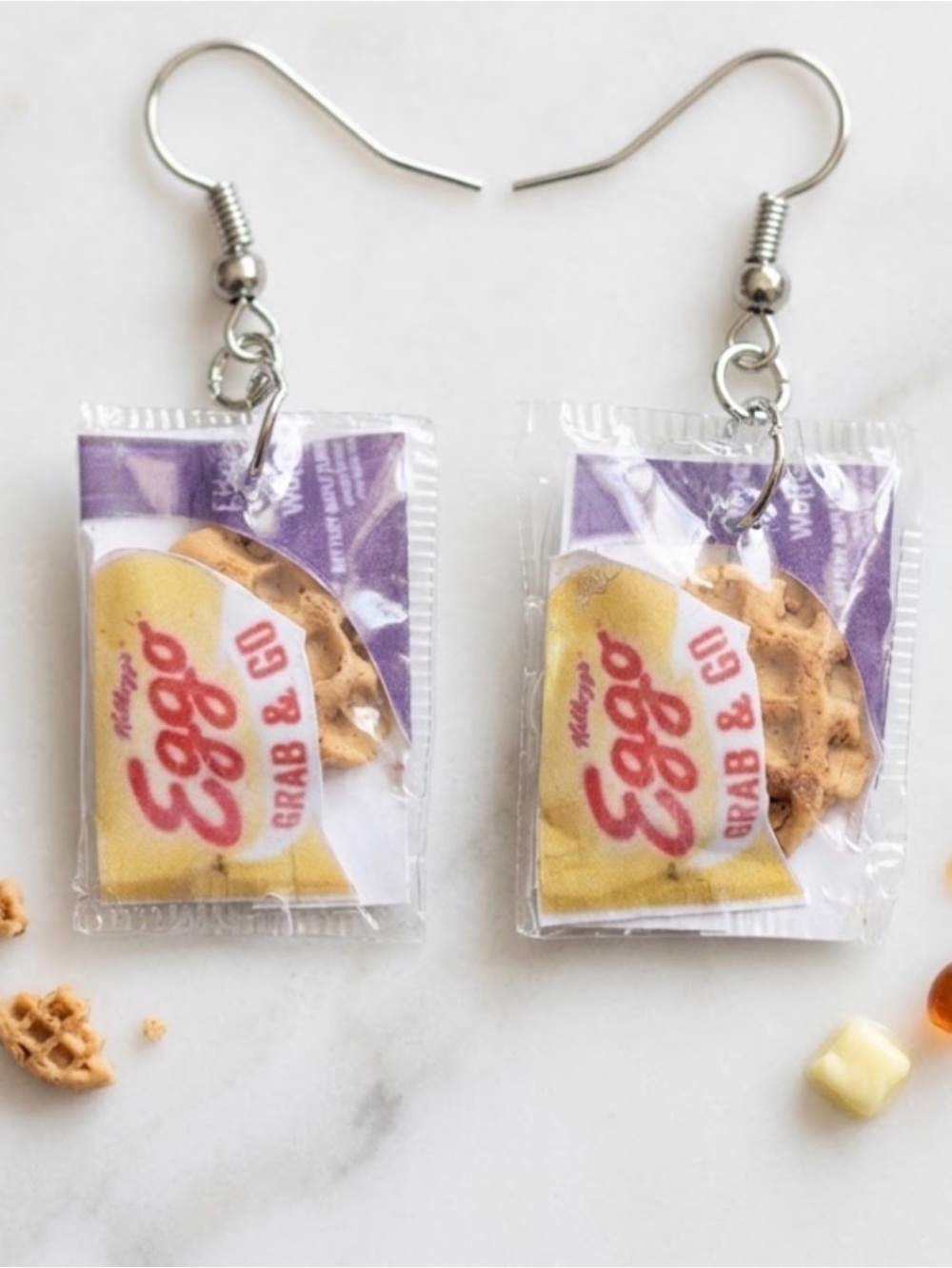 Eggo Mini Waffle Dangle Earrings - Purple Accents
